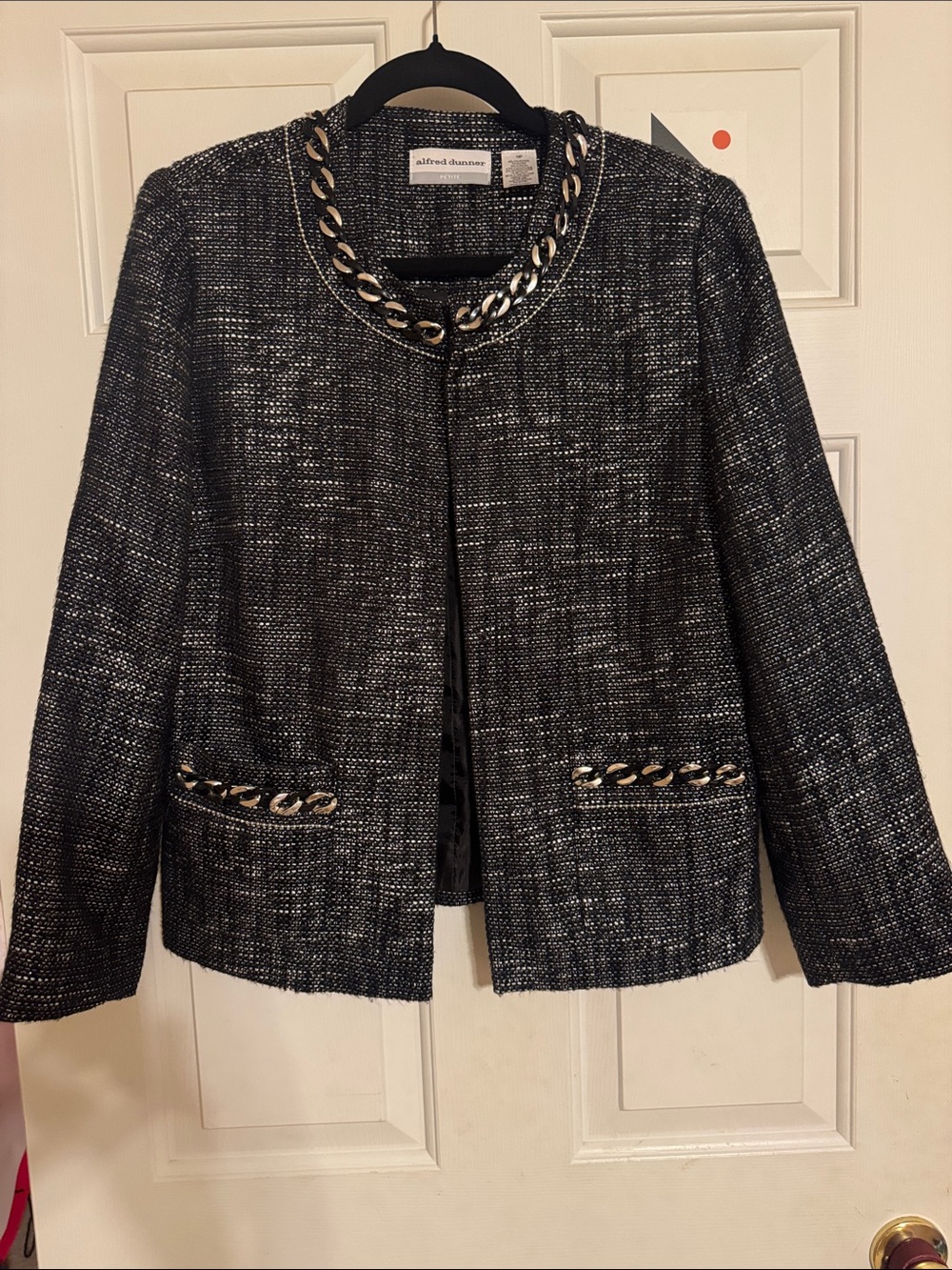 Alfred Dunner Black and Silver Tweed Chain-Trim Suit Jacket